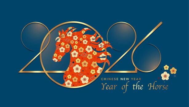 2026 Chinese New Year in blue background. Year of the Horse. modern art gold numbers design for cover, card, poster, banner, logo zodiac sign. Golden luxury template vector