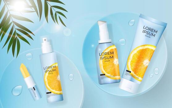 3D Realistic Vitamin C Sunscreens Cream Bottle Background with palm leaves, podium and orange. Design Template of Fashion Cosmetics Product. Vector Illustration