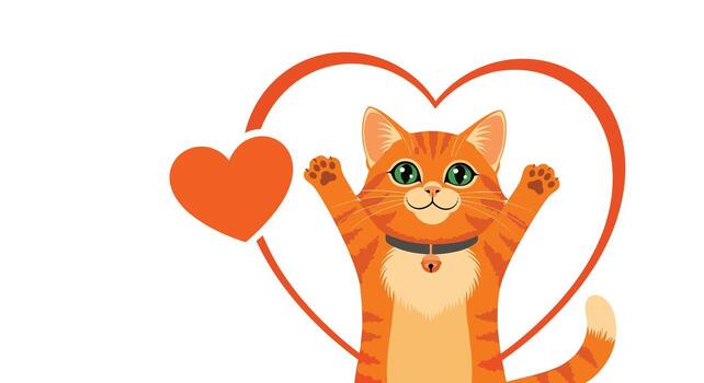 A cute orange tabby cat with wide paws is in front of a heart shape. vector