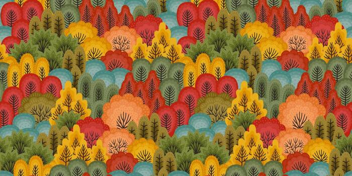 Abstract seamless pattern with autumn forest. Vector background for various surface. Trendy hand drawn textures.