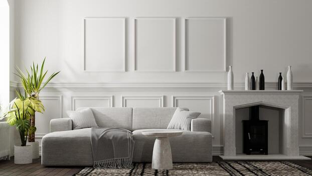 photo frame mockup in white luxury living room with fire place and sofa. 3d rendering