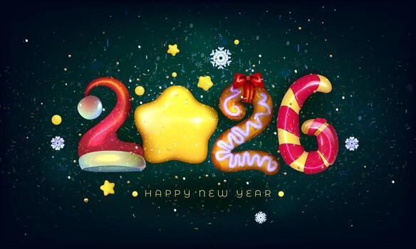 Happy New Year 2026 Festive Celebration. Funny design from numbers in the shape decorations for Merry Christmas postcard for 2026. Card template vector