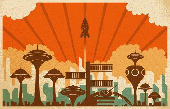 Retro Futuristic City Flying Rocket Ship Background vector